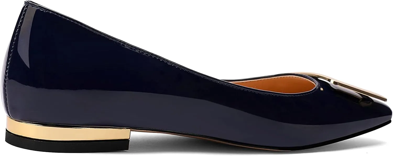 Women's Square Toe Gold Metal Buckle Pumps Patent Leather Slip On Flat Shoes