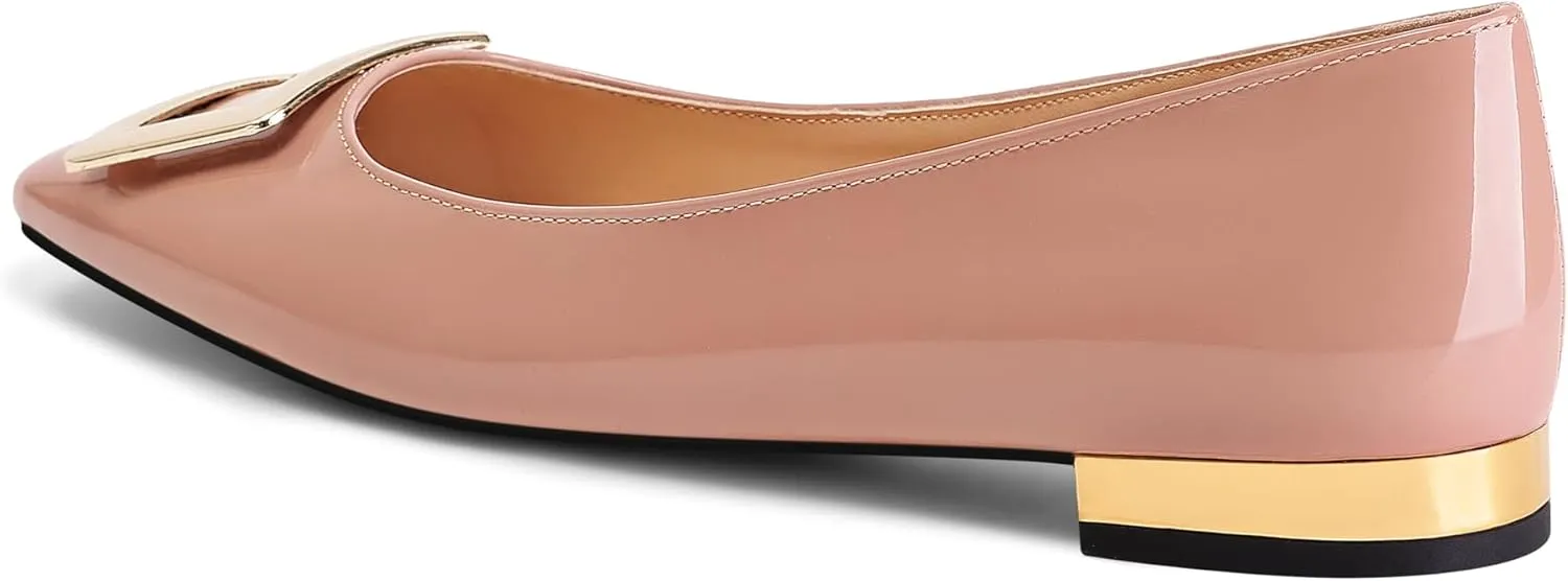 Women's Square Toe Gold Metal Buckle Pumps Patent Leather Slip On Flat Shoes