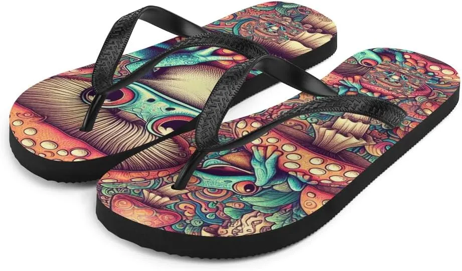 Women's Trippy Mushroomcore Frog Print Luxe Flip-Flops For Beach or Pool