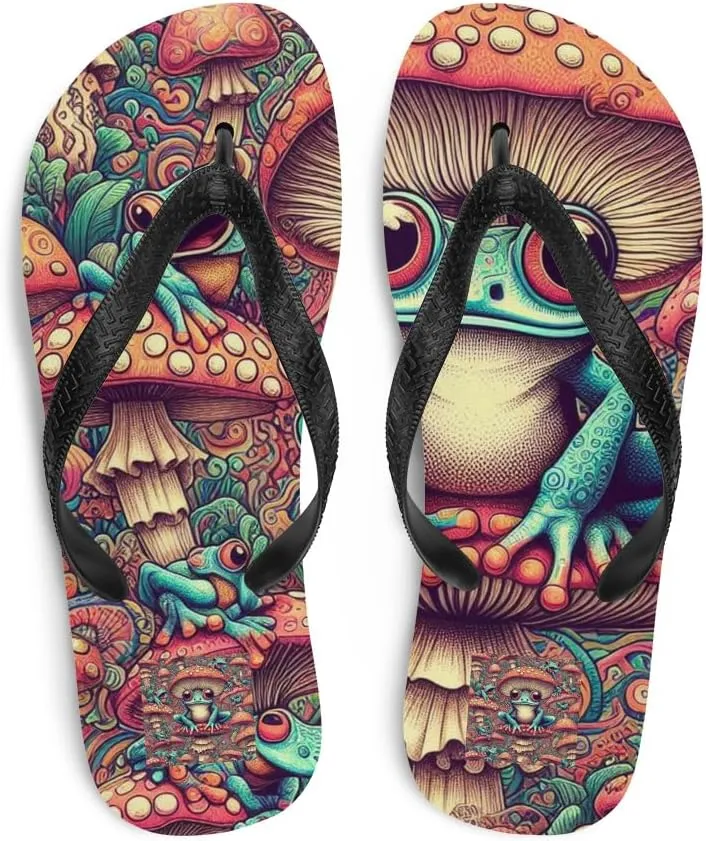 Women's Trippy Mushroomcore Frog Print Luxe Flip-Flops For Beach or Pool