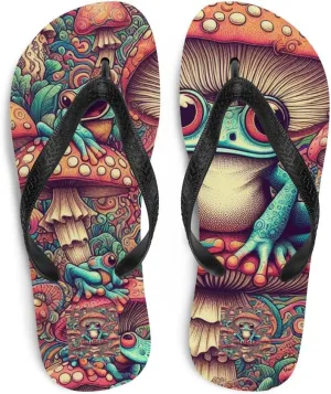 Women's Trippy Mushroomcore Frog Print Luxe Flip-Flops For Beach or Pool