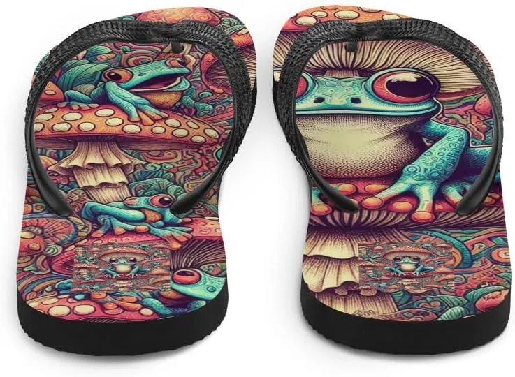 Women's Trippy Mushroomcore Frog Print Luxe Flip-Flops For Beach or Pool