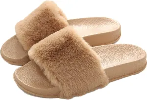 xsby Women's Soft Faux Fur Flat Slide Sandals Comfortable Slipper