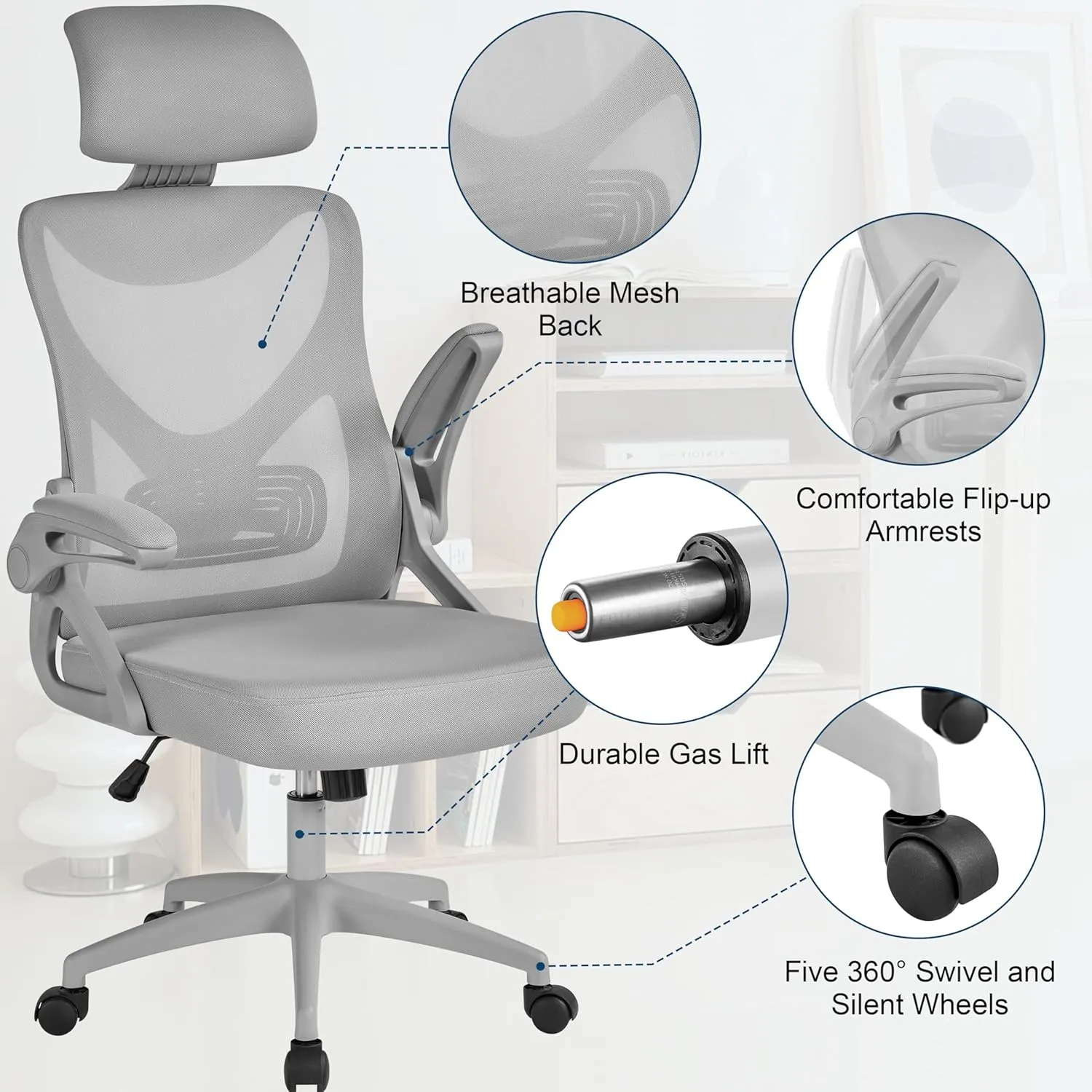 Yaheetech Ergonomic Mesh Office Chair, High Back Desk Chair with with flip-up Armrests, Adjustable Padded Headrest Computer Chair with Lumbar Support for Home Oiffce Game Room, Full Gray