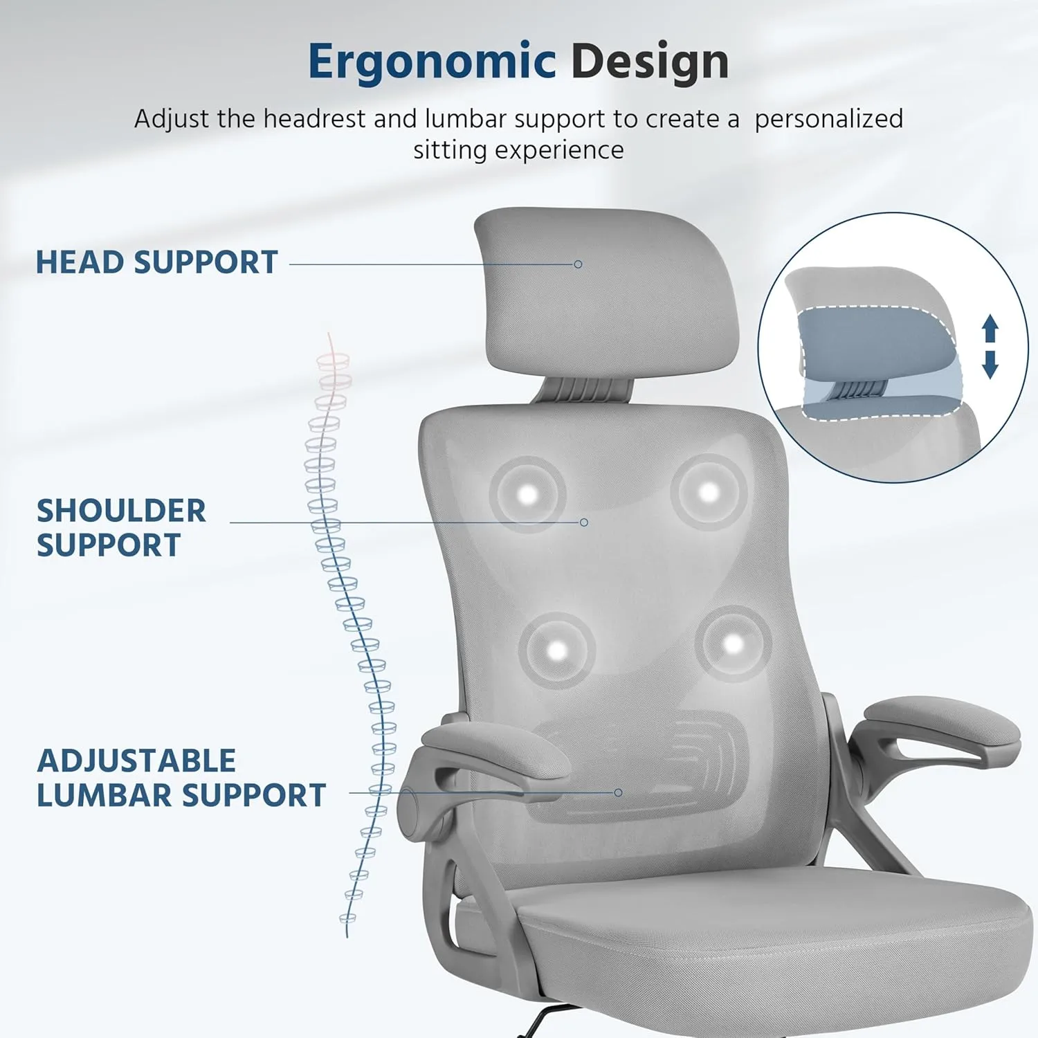 Yaheetech Ergonomic Mesh Office Chair, High Back Desk Chair with with flip-up Armrests, Adjustable Padded Headrest Computer Chair with Lumbar Support for Home Oiffce Game Room, Full Gray