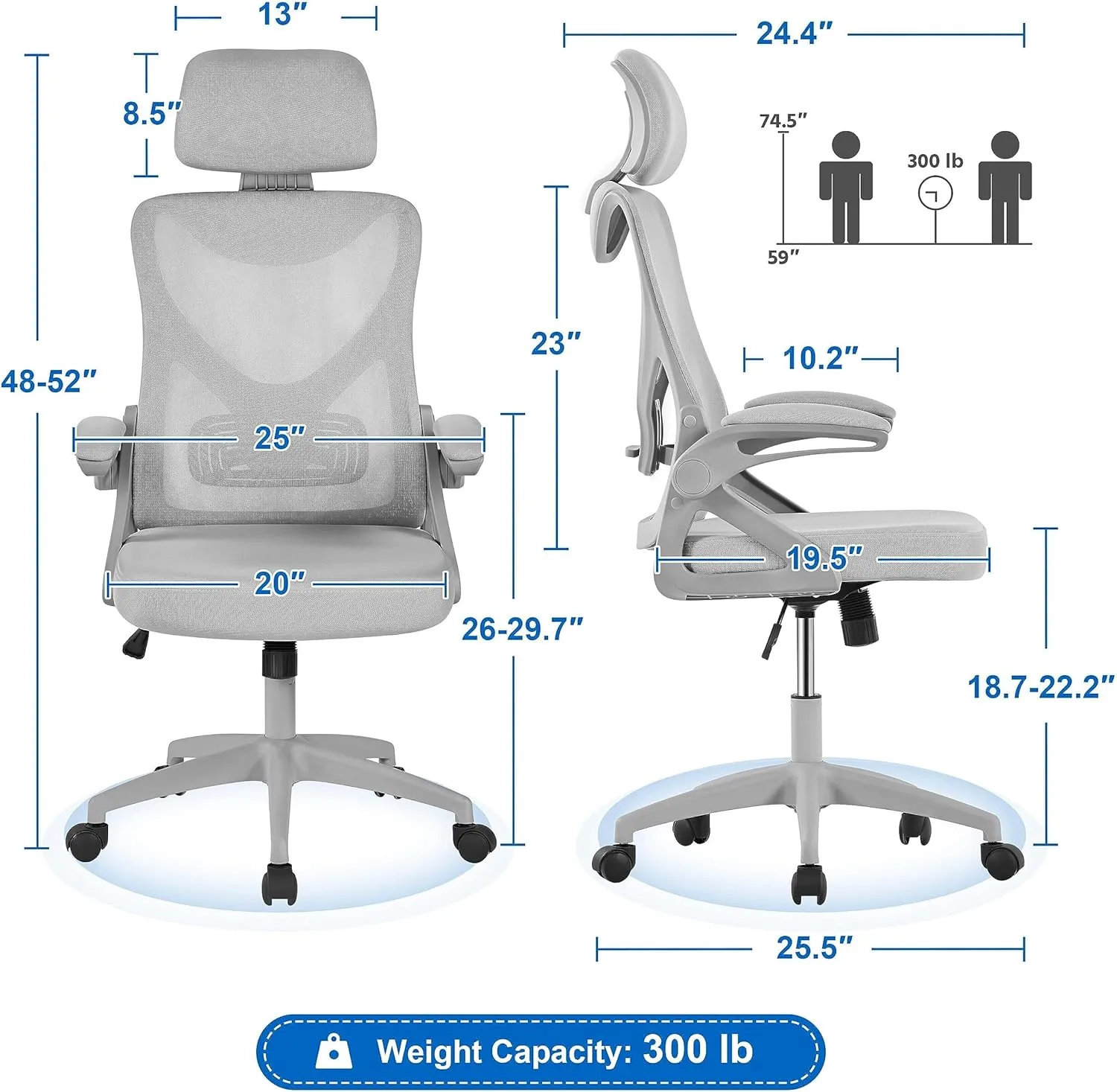 Yaheetech Ergonomic Mesh Office Chair, High Back Desk Chair with with flip-up Armrests, Adjustable Padded Headrest Computer Chair with Lumbar Support for Home Oiffce Game Room, Full Gray