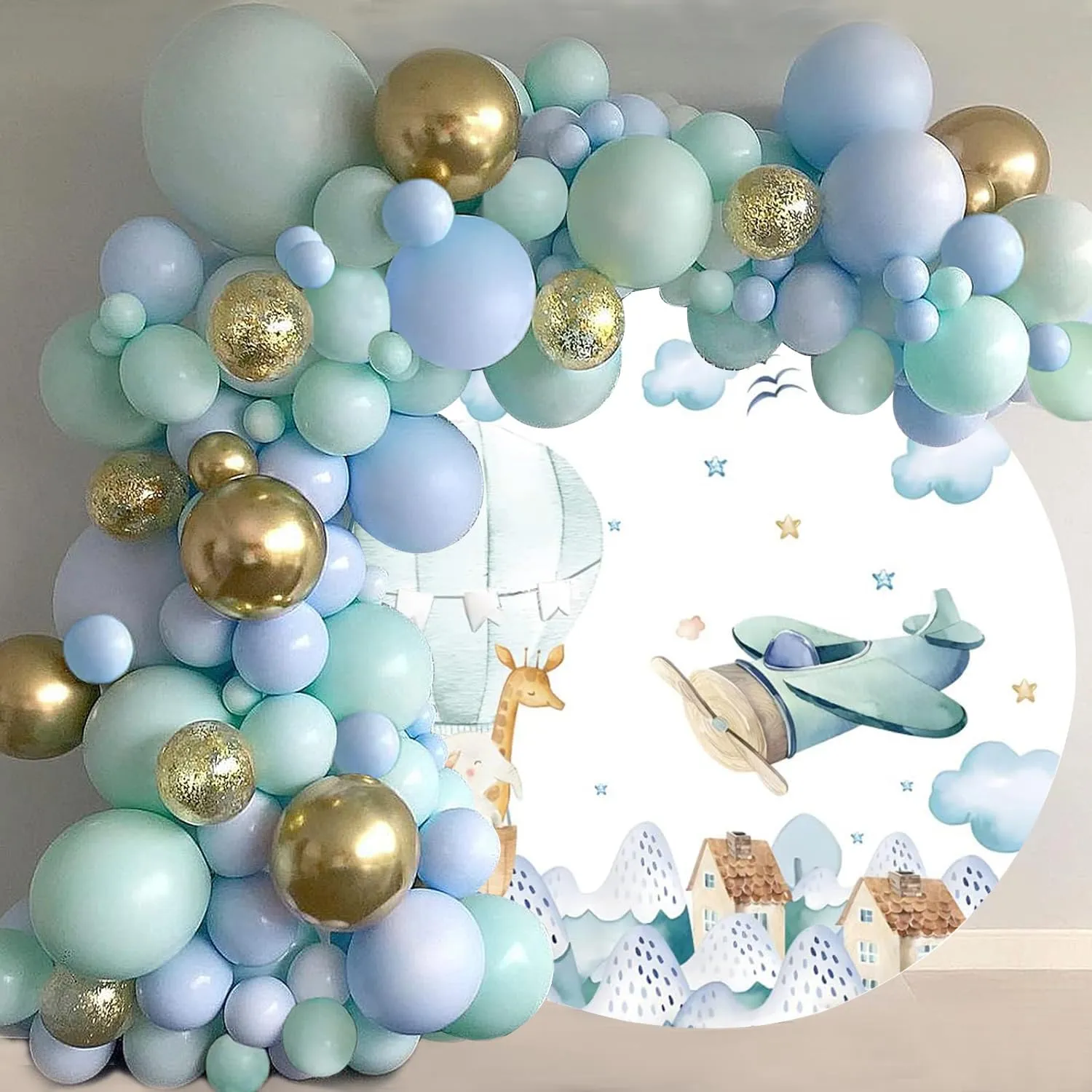 YongFoto 6.5x6.5ft Airplane Round Backdrop Cover Cartoon Hot Air Balloon Clouds Travel Away Photography Background Kids Adventure Birthday Party Baby Shower Boy Girl Baby Portrait Photo Studio Prop