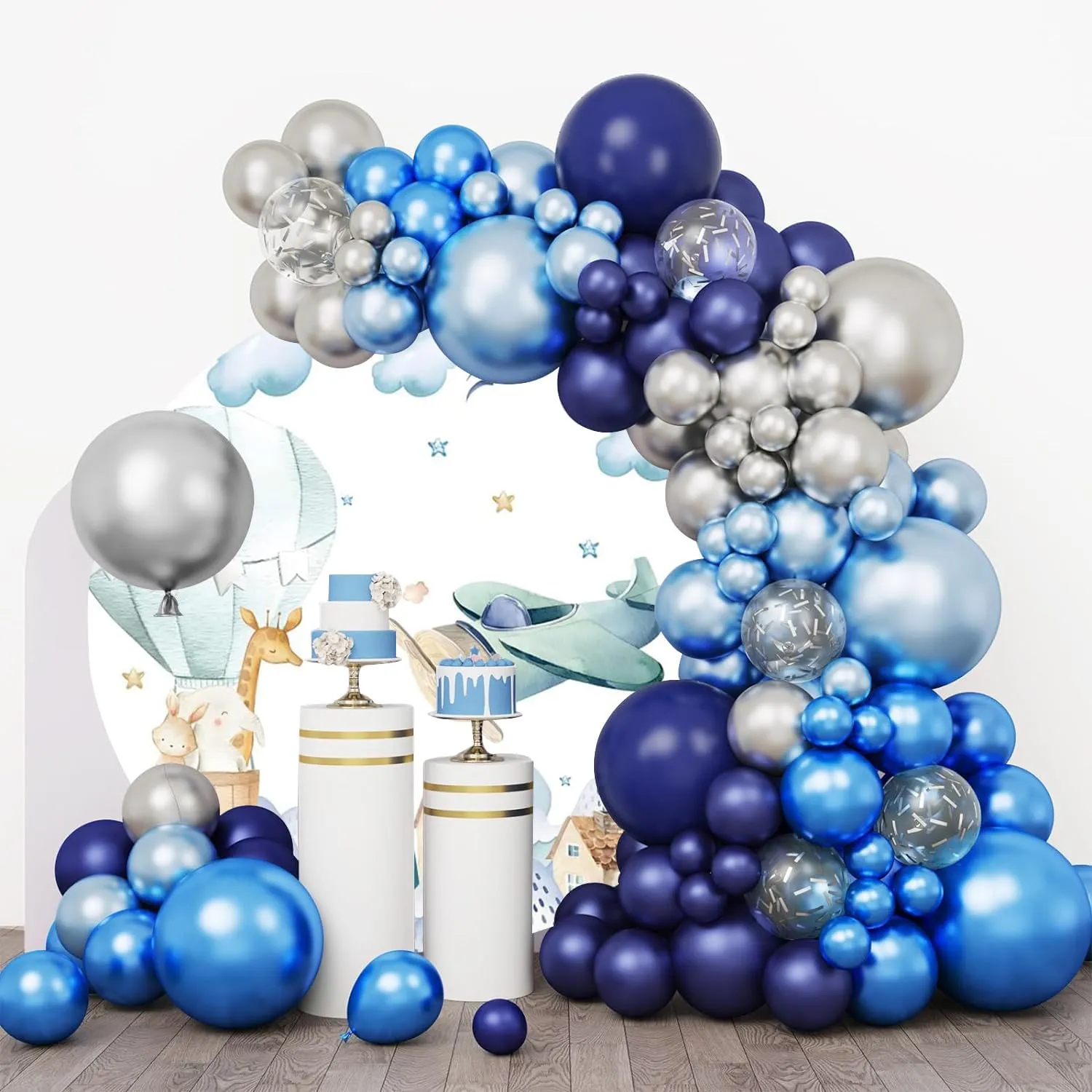 YongFoto 6.5x6.5ft Airplane Round Backdrop Cover Cartoon Hot Air Balloon Clouds Travel Away Photography Background Kids Adventure Birthday Party Baby Shower Boy Girl Baby Portrait Photo Studio Prop