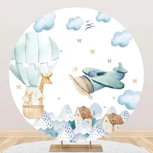 YongFoto 6.5x6.5ft Airplane Round Backdrop Cover Cartoon Hot Air Balloon Clouds Travel Away Photography Background Kids Adventure Birthday Party Baby Shower Boy Girl Baby Portrait Photo Studio Prop