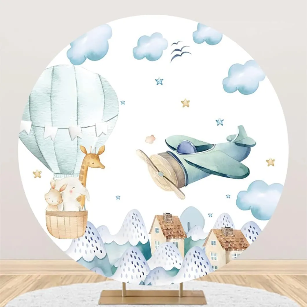 YongFoto 6.5x6.5ft Airplane Round Backdrop Cover Cartoon Hot Air Balloon Clouds Travel Away Photography Background Kids Adventure Birthday Party Baby Shower Boy Girl Baby Portrait Photo Studio Prop