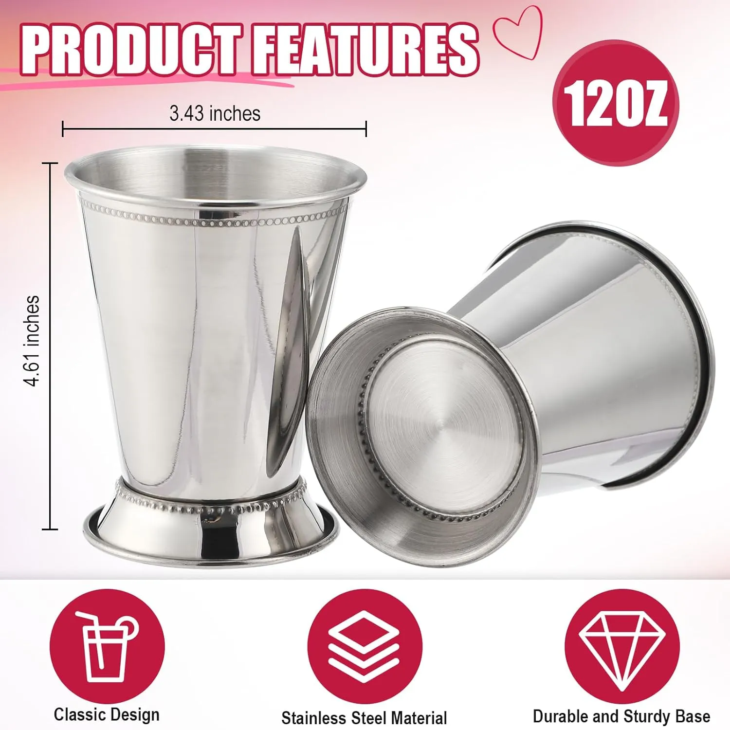 Zhehao 39 Pcs Mint Julep Cups with Artificial Roses 12oz Stainless Steel Cocktail Glasses Beaded Trim Border Derby Cups for Table Centerpiece Horse Racing Derby Party Decoration (Sliver)