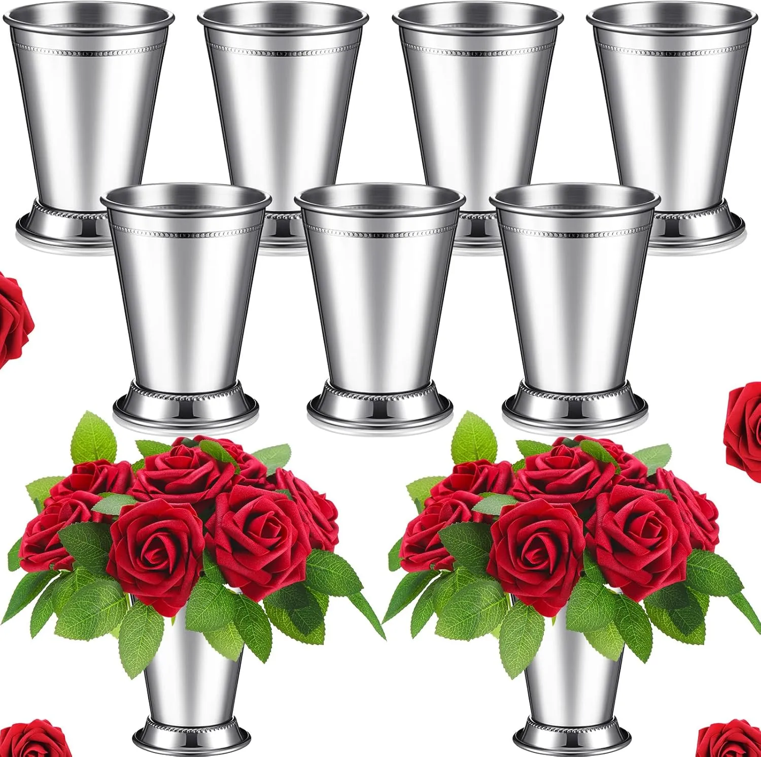 Zhehao 39 Pcs Mint Julep Cups with Artificial Roses 12oz Stainless Steel Cocktail Glasses Beaded Trim Border Derby Cups for Table Centerpiece Horse Racing Derby Party Decoration (Sliver)