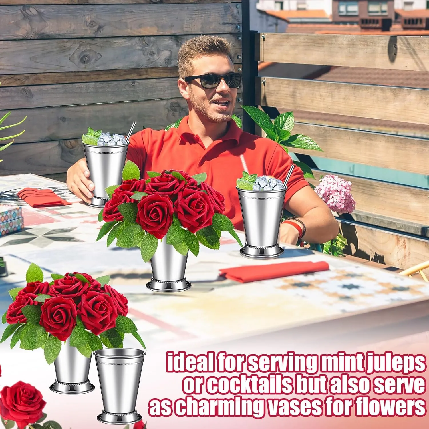 Zhehao 39 Pcs Mint Julep Cups with Artificial Roses 12oz Stainless Steel Cocktail Glasses Beaded Trim Border Derby Cups for Table Centerpiece Horse Racing Derby Party Decoration (Sliver)