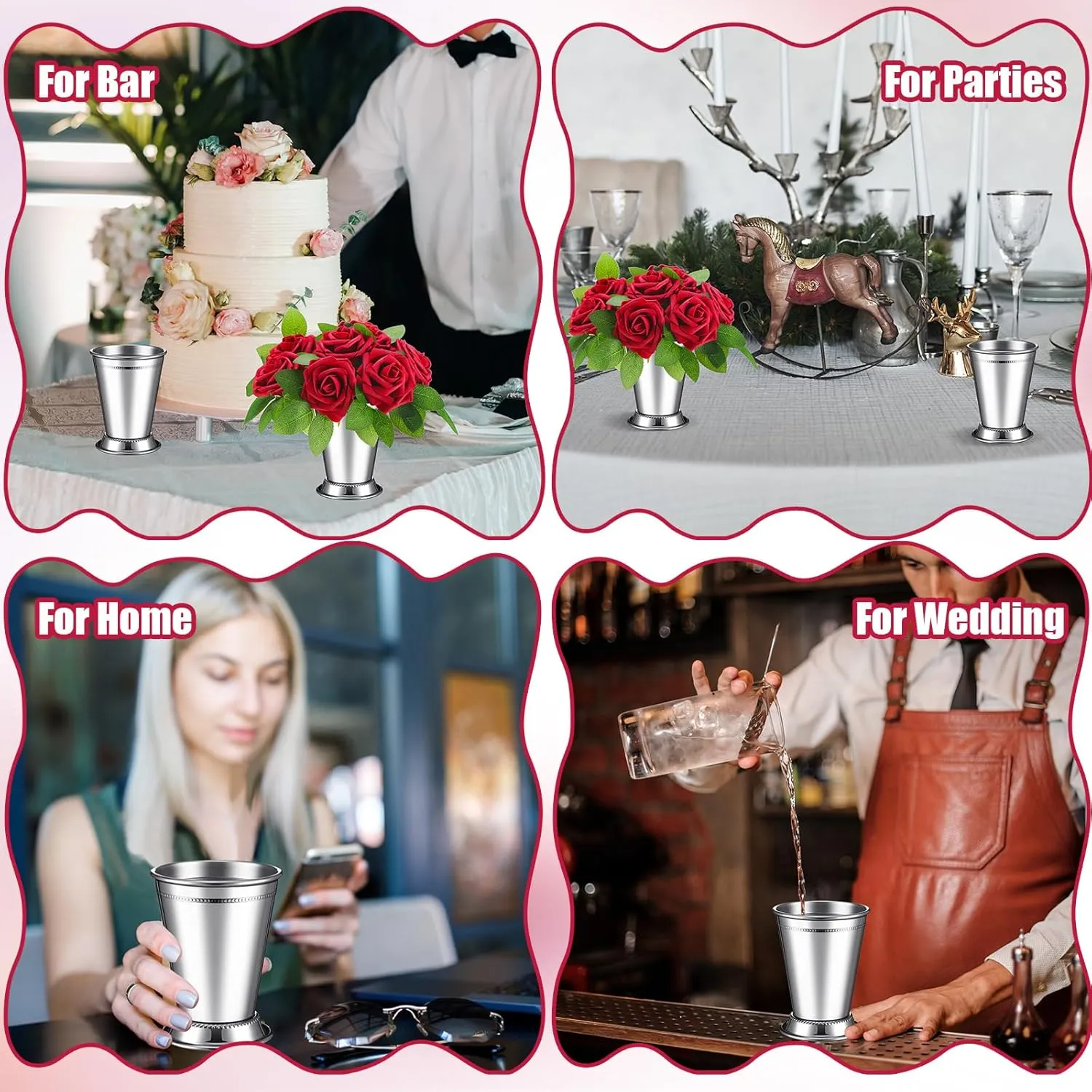 Zhehao 39 Pcs Mint Julep Cups with Artificial Roses 12oz Stainless Steel Cocktail Glasses Beaded Trim Border Derby Cups for Table Centerpiece Horse Racing Derby Party Decoration (Sliver)