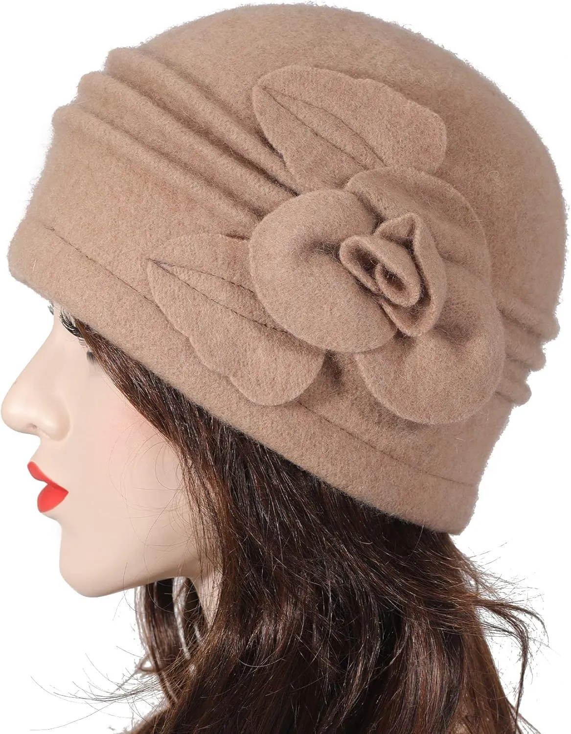 ZLYC Women Wool Cloche Bucket Hat 1920s Vintage Dress Winter Hats with Flower Accent