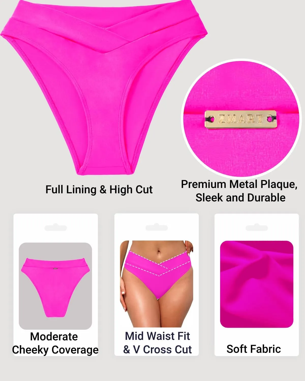 Zmart Women V Cut Cheeky Bikini Bottom - High Cut Bathing Suit Bottom Mid Rise Swim Bottoms Swimsuit